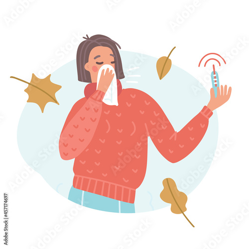 Young woman sneezing or coughing in handkerchief with high temperature thermometer. Concept of fever, flu, COVID-19, virus protection, prevention, infection, virus pandemic. Flat vector illustration.