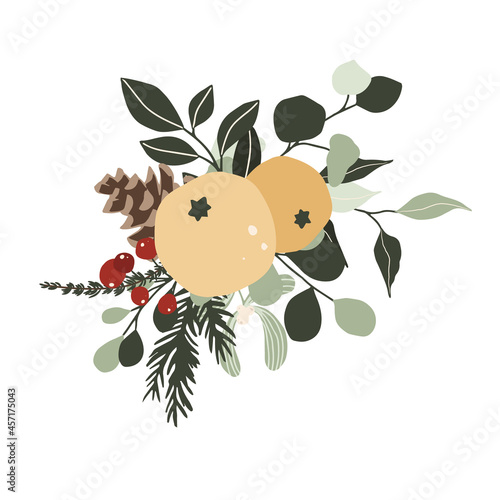 Christmas winter floral bouquet with citrus fruits orange, spruce branches, berry and green leaves. Vector illustration in hand drawn cartoon flat style