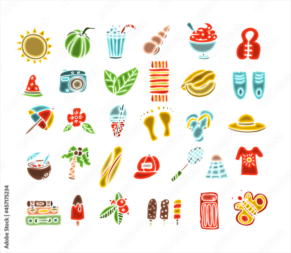A Big vector doodle summer set. Hand draw accessories for beach holidays by the sea. Flat design Illustration for ads, web, flyers, and banners. Set of drawn by hand icons. Summer fruits, food A Big vector doodle summer set. Hand draw accessories for beach holidays by the sea. Flat design Illustration for ads, web, flyers, and banners. Set of drawn by hand icons. Summer fruits, food
