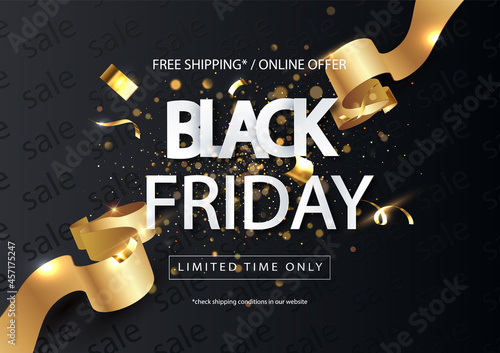 Black Friday Sale horizontal banner with gold ribbon. Universal vector sale background for poster, banners, flyers, card.