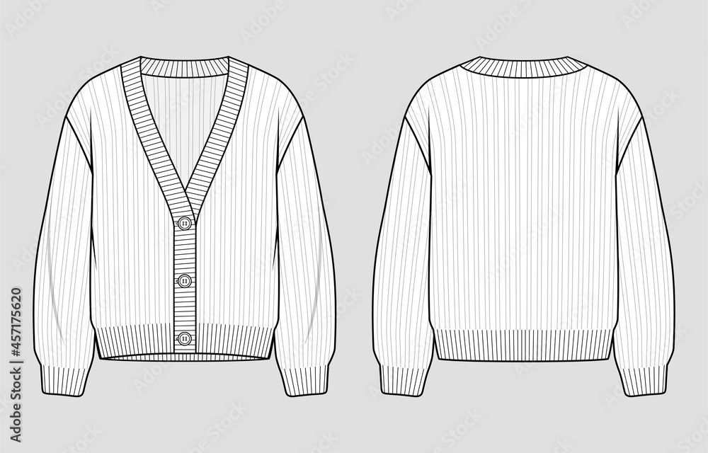 Knit cardigan. Women s v neck button placket jumper. Vector technical sketch. Mockup template. Stock Vector Adobe Stock