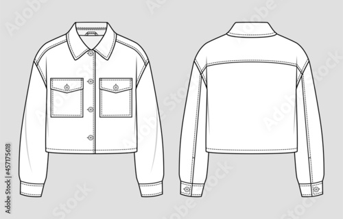 Cropped shirt jacket. Fashion sketch. Flat technical drawing. Vector illustration.
