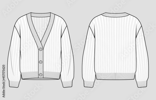 Knit cardigan. Women's v-neck button placket jumper. Vector technical sketch. Mockup template. photo