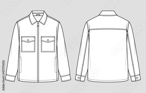 Shirt jacket. Zip down the front. Relaxed Fit. Vector illustration. Flat technical drawing. Mockup template.	