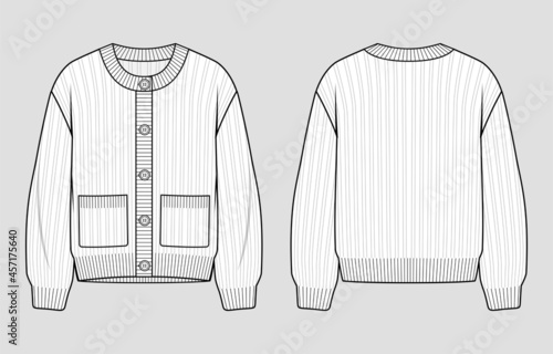 Knit cardigan. Round neck button placket jumper. Vector technical sketch. Mockup template.