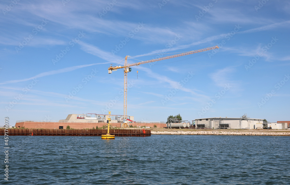 construction site of a wide dam called the Mose project to defend the city of Venice from floods