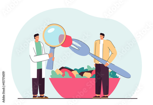 Cartoon nutritionist analyzing food of patient. Man with huge salad bowl, doctor with magnifier flat vector illustration. Nutrition, health, diet concept for banner, website design or landing web page