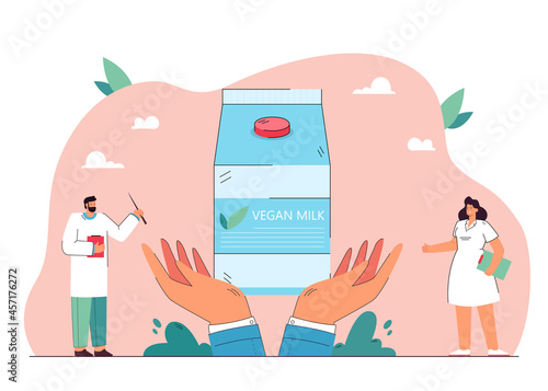 Cartoon medical professionals recommending vegan milk. Giant hands holding carton of lactose free milk flat vector illustration. Health, diet, nutrition concept for banner or website design