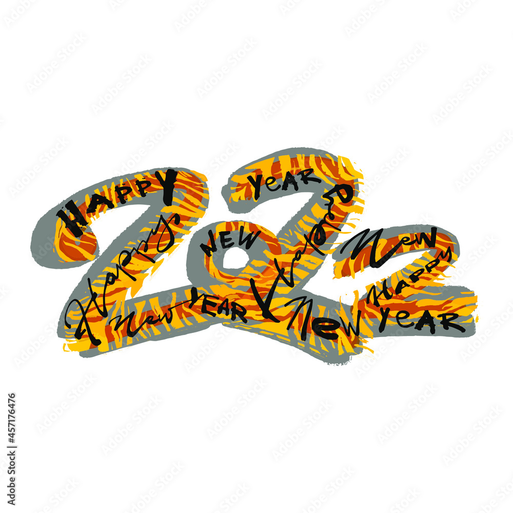 Obraz premium Cartoon 2022 tiger happy new year lettering for decorative design. Modern background. New year banner. Animal pattern. Funny character. Traditional holiday lunar new year.