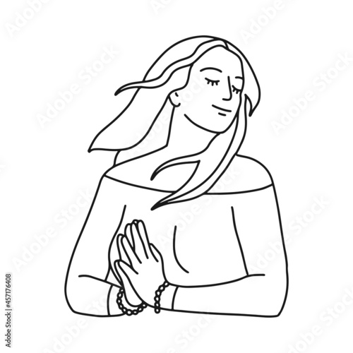 Mono line drawing of happy woman holding namaste gesture hands. A girl's hair flutters in the wind. Linear vector illustration
