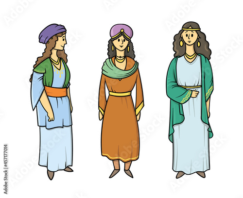 Three women in antique clothes. Vector illustration isolated on white.