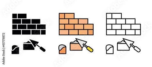 Masonry, Brick and trowel construction icon set. Engineering icon. Art vector illustration set. Editable line set. Silhouette, colored and linear icon set.