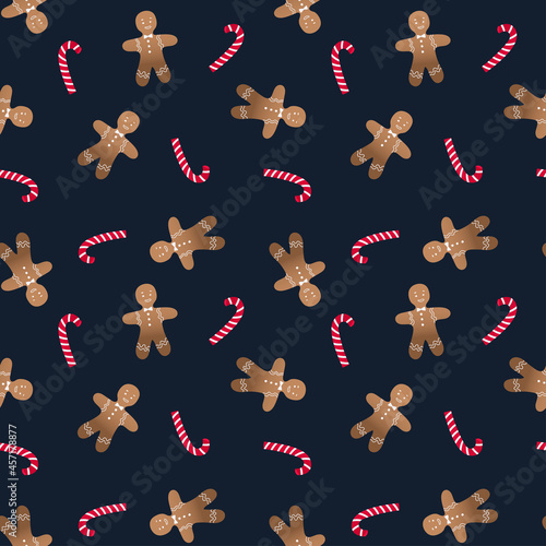 Seamless pattern with Christmas cookies man and caramel candy on a dark background. Vector endless texture in hand drawn style