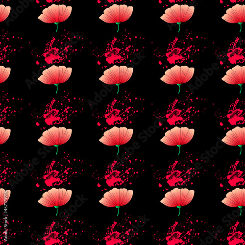 Vector seamless pattern with red flowers on a black background. Use in fabric, wrapping paper, wallpaper, bags, clothes, dishes, cases on smartphones and tablets.