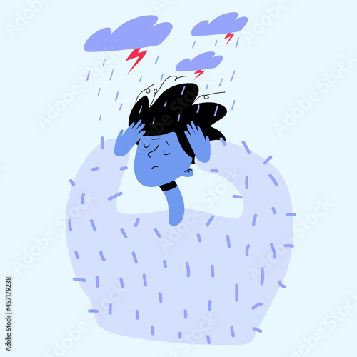 Unwillingness to live, depression, mental disorders, crisis, bad mood, sadness. Bad mood concept. Rain over a man 