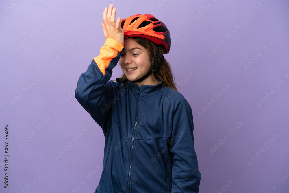 Little caucasian girl isolated on purple background has realized something and intending the solution Little caucasian girl isolated on purple background has realized something and intending the solution