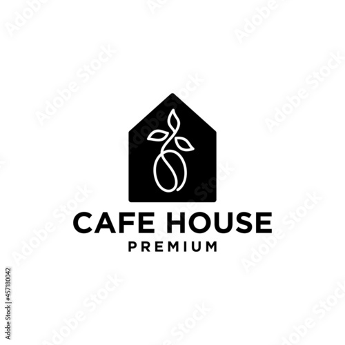 Coffee shop logo design concept, coffee bean and branch leaves with house Illustration
