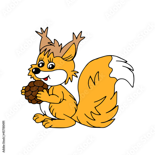 Hand drawn orange vector illustration of a beautiful adult young squirrel with a big cone and a long fluffy tail isolated on a white background