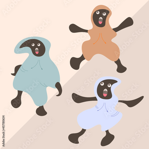 ilustración vectorial editable de personajes con capucha y buzos muy grandes en colores anaranjados, celestes y verdes con diferentes expresiones y movimientos corporales