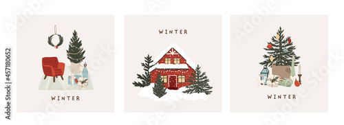 Set of christmas new year winter holiday greeting cards with xmas tree, house outside interior, cozy chair. Vector illustration posters in hand drawn cartoon flat style