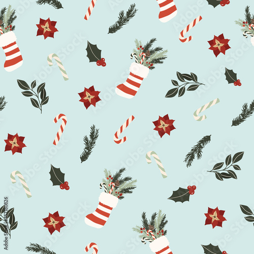Christmas new year winter holiday seamless pattern with xmas spruce branches and Santa Claus socks. Vector illustration in hand drawn cartoon flat style
