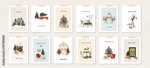 Set of christmas new year winter holiday greeting cards with xmas decoration. Vector illustration posters in hand drawn cartoon flat style