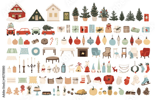 Set of christmas new year winter icons xmas tree, houses, red cars, gifts, balls, home interior elements - tables, chairs, food, carpet and vases. Vector illustration in hand drawn flat style