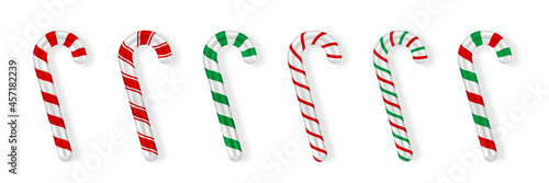 Realistic Christmas candy cane set isolated on white background. Vector illustration. Merry Xmas and Happy New Year sweet 3d icons collection for poster, banner or holiday invitation