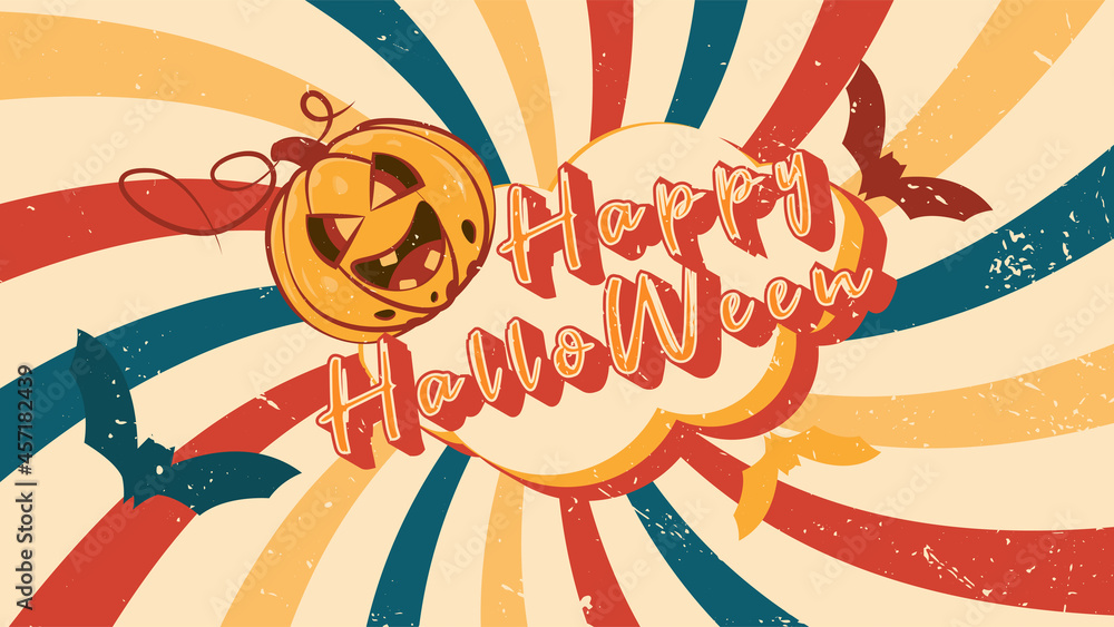 Fototapeta premium Vector postcard for the Halloween holiday in retro style with the image of a comic pumpkin, bats and festive text on a vintage background.