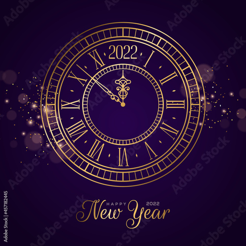 Elegant gold wall clock face with vintage hour hand on violet night background. Vector illustration. Roman numeral watch logo, Happy New Year 2022 and Merry Christmas poster template. Sparkle bokeh