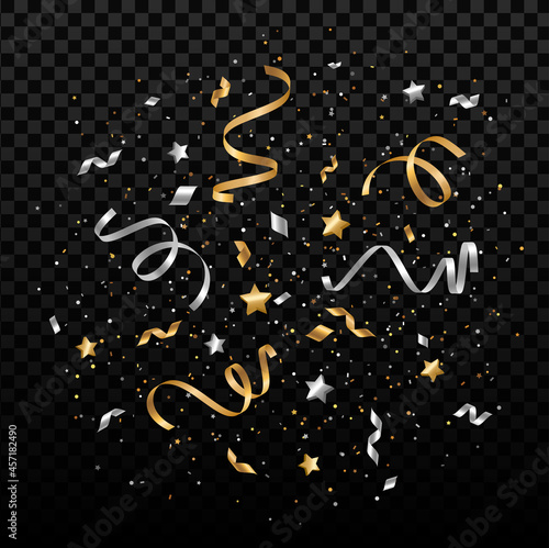 Falling shiny silver and gold confetti, small stars and pieces of serpentine isolated on transparent background. Bright festive overlay effect with golden shimmer tinsels. Vector illustration.