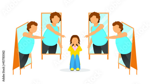 Abstract Flat Woman Skinny Girl Sits On The Floor And Is Poked By Reflections From Mirrors Cartoon People Character Concept Illustration Vector Design Style Lack Of Weight Anorexia