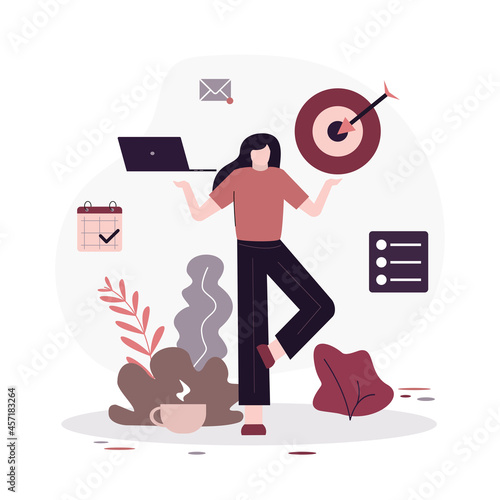 Stay focused. Calm staying woman working with laptop. Girl aim to target. Work in focus, productivity and self discipline. Goal achievement. Planning