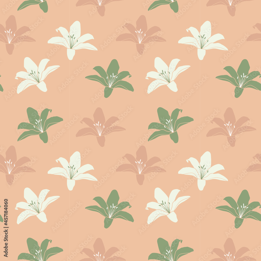 Seamless pink background with white and green lilies
