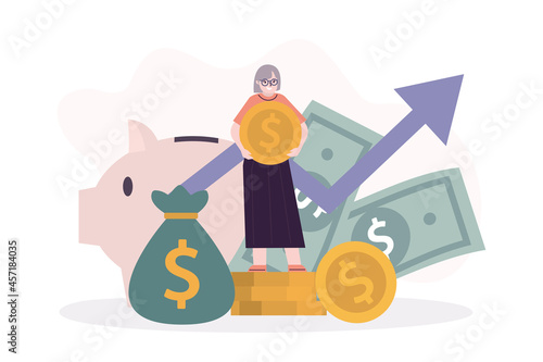 Grandmother with gold coin invest. Old lady investing and saving cash. Elderly woman save or hoard currency. Concept of investment