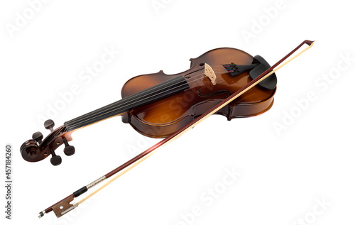 Violin and bow isolated on white background.