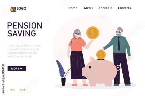 Old people throwing gold coins into piggy bank. Elderly couple invest money. Elderly family save or hoard. Concept of investment and finance management