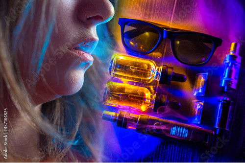 Vape girl lips exhale smoke...