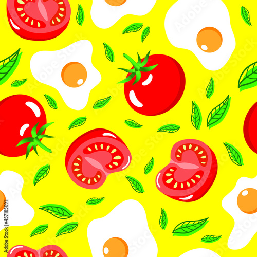 Fototapeta Naklejka Na Ścianę i Meble -  Fried egg and tomato fruit whole and half slice on yellow background seamless pattern. Vector illustration.