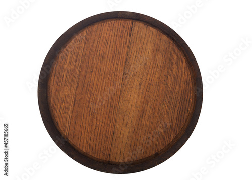  Wooden barrel isolated on white background, top view