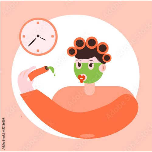 Vector illustration of a girl with a clay mask. The girl looks at her watch and makes a face mask. Pink card of a hypertrophied girl with curlers and a face mask. The girl takes care of her face. 