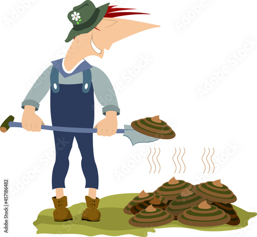 The farmer or gardener holding a shovel with organic manure.
Bunch of organic fertilizers and the farmer or gardener with a shovel isolated on white
