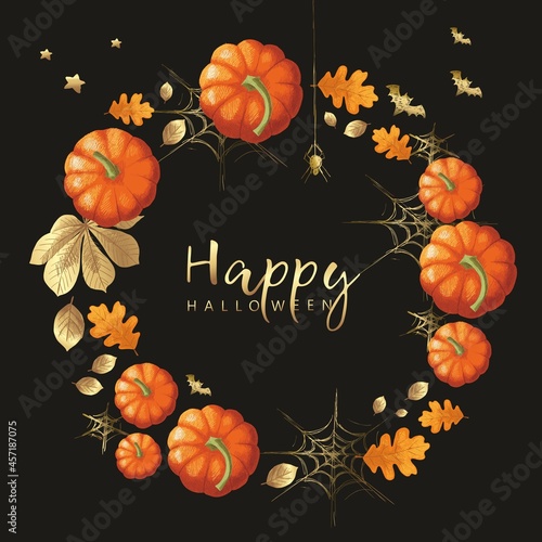 Frame of pumpkin, gossamer, bats and golden leaves on the dark background, 'Happy halloween', hand-drawn.