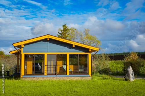 Wooden house front view. Ho...