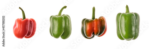 Four fresh sweet green and red bell pepper  isolated on a white background (capsicum)