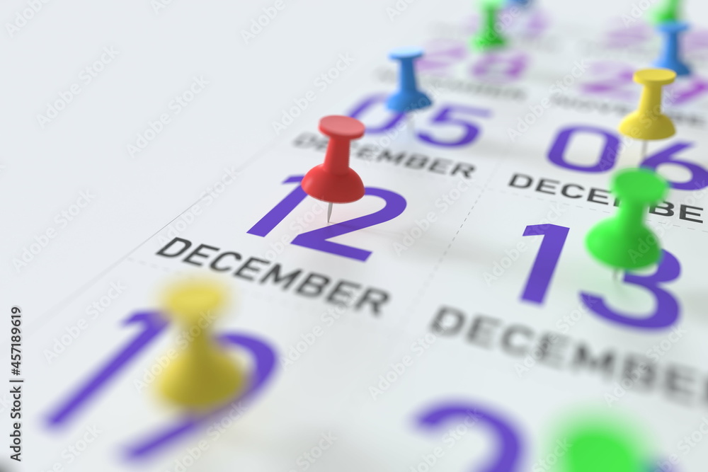 December 12 date marked with a pin calendar, 3D rendering December 12 date marked with a pin calendar, 3D rendering