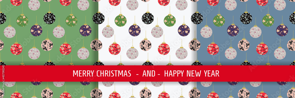 Naklejka premium Set of stylish New Year templates with Christmas balls. Suitable for holiday background, fabric, cover, stickers, banner, greeting card, wrapping paper. Repeating vector illustration, seamless pattern