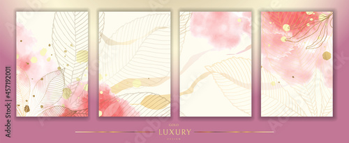 Luxurious golden wallpaper. A set of four backgrounds. White with spots of pink watercolor. Golden chestnut leaves with a shiny light texture. Modern art mural wallpaper. Vector illustration.