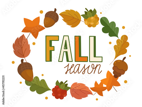 Autumn leaves, acorns and berries cute clip art elements and modern lettering. Fall elements in rounded shape like birch, maple, aspen leaves, acorn, cranberry and cloudberry and text. Vector print.
