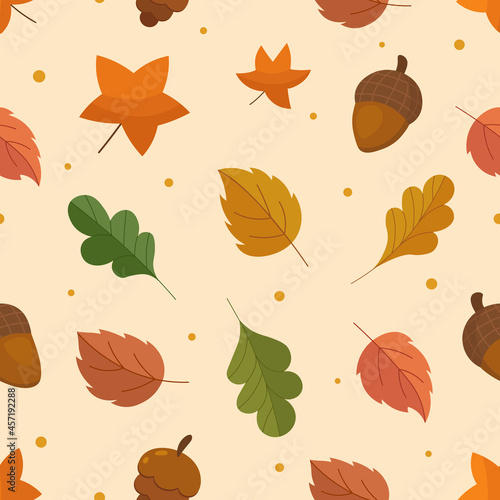 Autumn leaves seamless pattern. Fall mood decorative repeat pattern with oak, maple, aspen leaves for fabric, textile, paper. Autumn decorative design in yellow, brown and orange colors. Vector print.